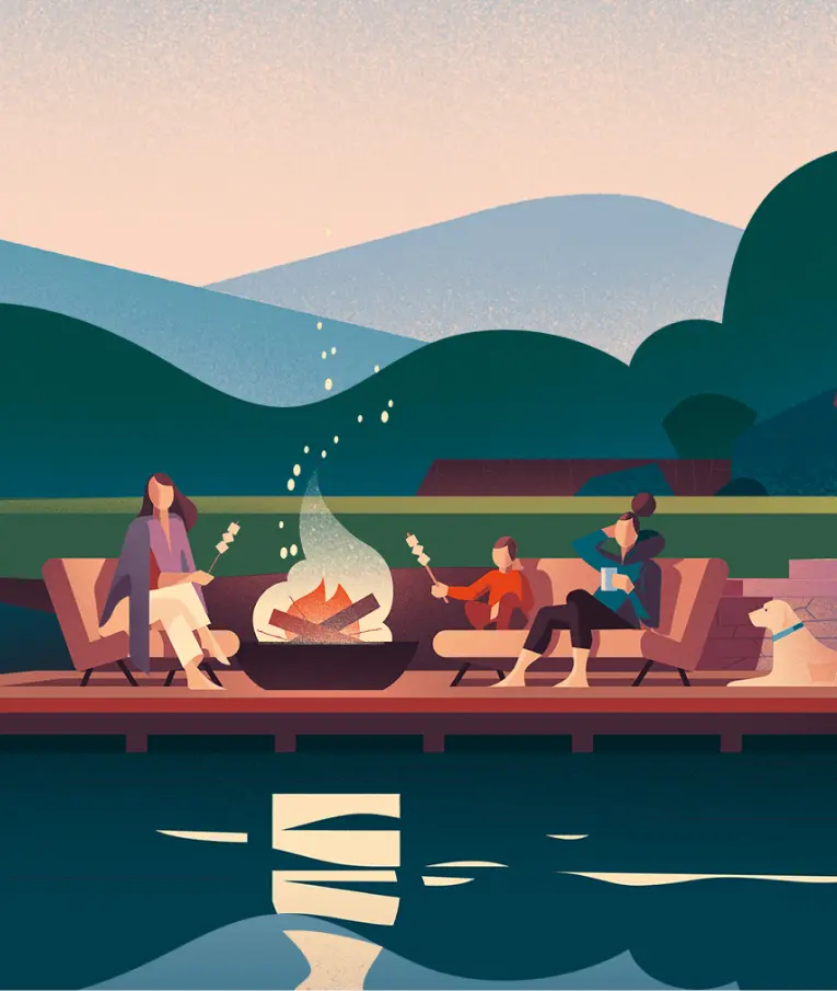 A mother and her two children are roasting marshmallows around an outdoor fireplace; the family dog sits with them.